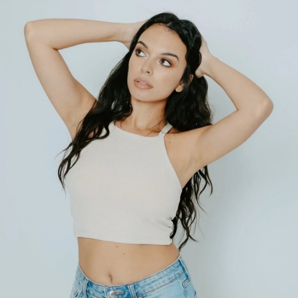 Klassy Network High Neck Brami Crop Top - Cream, Size Small